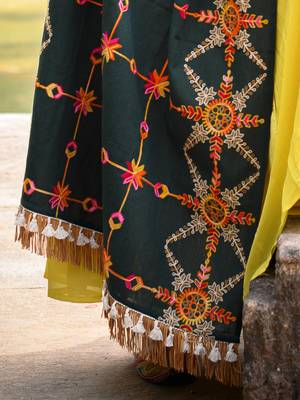 Poison Green Heavily Aari Embroidered Khadi Shawl/Dupatta with Kaccha Tassel Lace 4