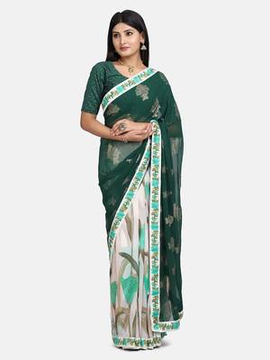 Green printed Georgette saree with blouse 4