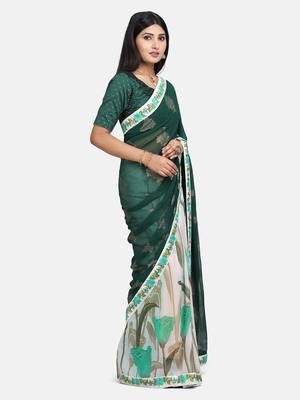 Green printed Georgette saree with blouse 5