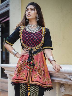 Black long unique khaid kedia with maharano yoke and pants set 2