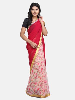 Pink printed Georgette saree with blouse 5