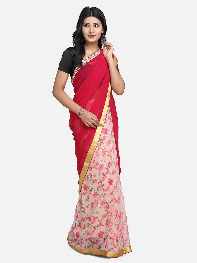 Pink printed Georgette saree with blouse