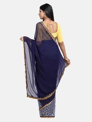 Blue printed georgette saree with blouse 8