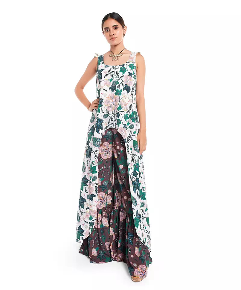Printed Art Crepe High-Low Kurta with Frill Palazzo for Women