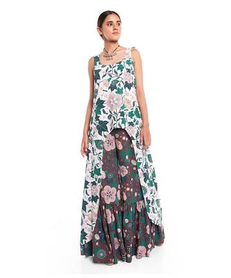 PS Pret by Payal Singhal White Colour Printed Art Crepe High-Low Kurta with Brown Colour Printed Art Crepe Frill Palazzo 1