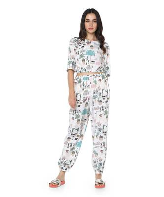 PS Pret by Payal Singhal White Colour Printed Art Crepe Top with Jogger Pant 1