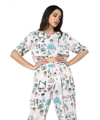PS Pret by Payal Singhal White Colour Printed Art Crepe Top with Jogger Pant 4