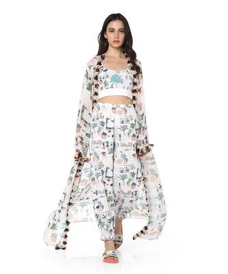 PS Pret by Payal Singhal White Colour Printed Art Georgette Duster Jacket with Art crepe Bustier and Jogger Pant 1