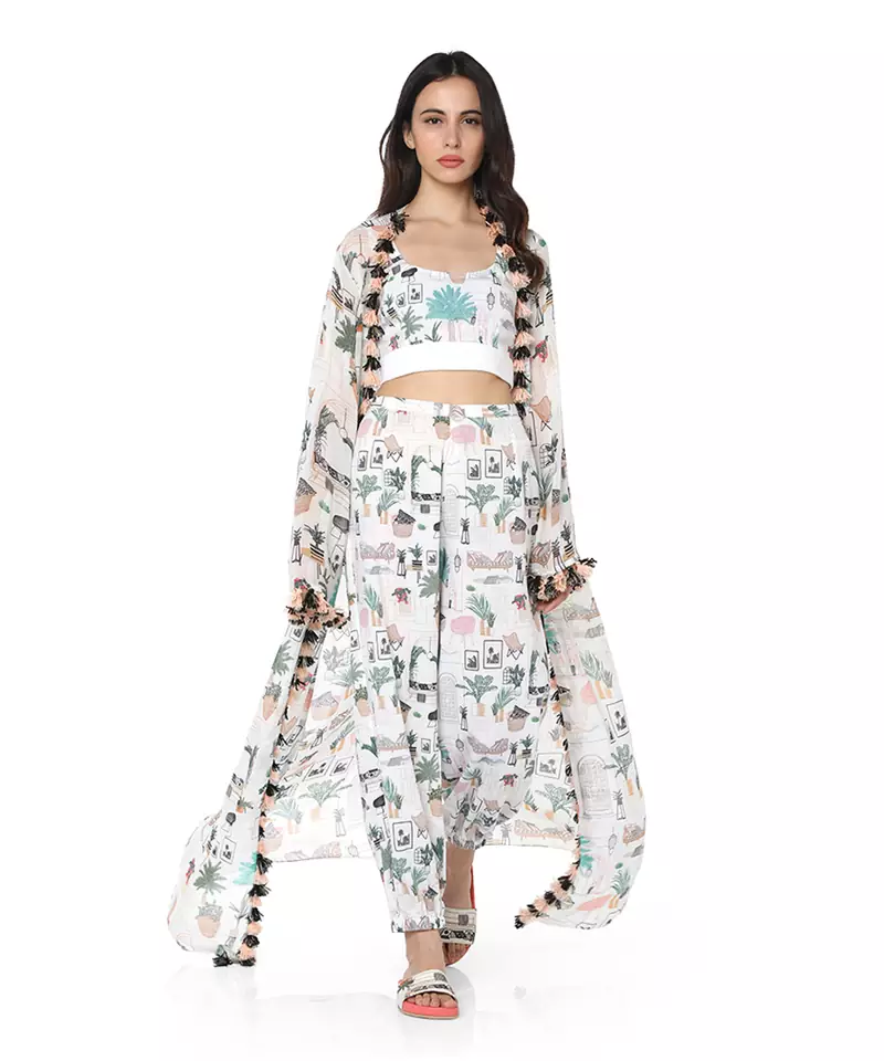 Printed Art Georgette Duster Jacket with Art crepe Bustier and Jogger Pant for Women