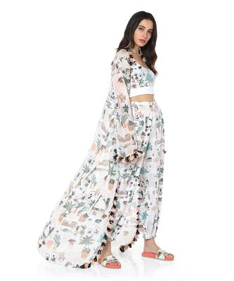 PS Pret by Payal Singhal White Colour Printed Art Georgette Duster Jacket with Art crepe Bustier and Jogger Pant 2