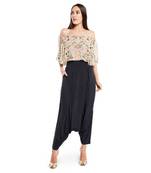 Printed Art Georgette Off Shoulder Ruffle Top with Art Crepe Low Crotch Pant for Women
