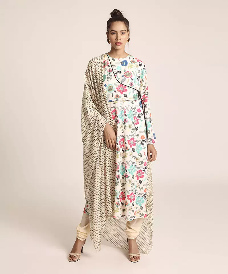 Printed Art Crepe Kurta with Soft Net Churidar and Printed Art Georgette Dupatta for Women