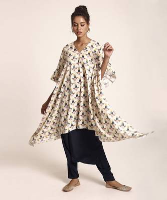 PS Pret by Payal Singhal Cream Colour Printed Art Crepe Kurta with Navy Colour Art Crepe Low Crotch Pant 1