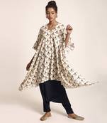 PS Pret by Payal Singhal Cream Colour Printed Art Crepe Kurta with Navy Colour Art Crepe Low Crotch Pant