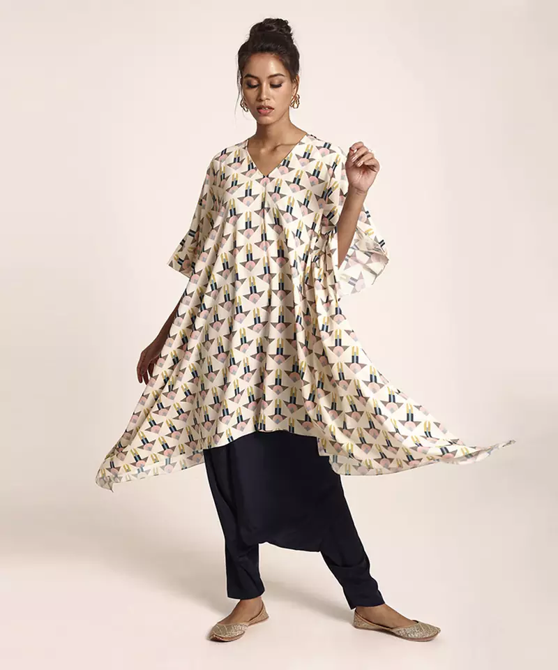 Printed Art Crepe Kurta with Low Crotch Pant for Women
