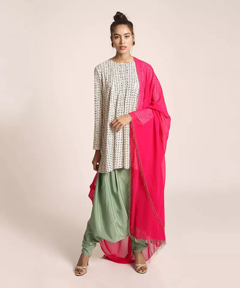 Printed Art Crepe Short Kalidaar with Low Crotch Pant and Art Georgette Dupatta for Women