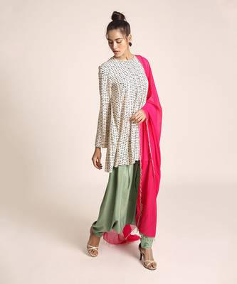 Printed Art Crepe Short Kalidaar with Low Crotch Pant and Art Georgette Dupatta for Women 2