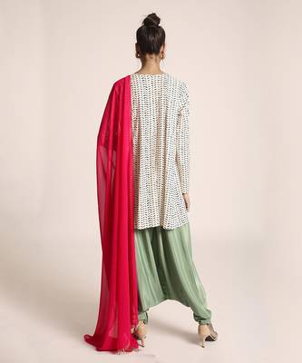 Printed Art Crepe Short Kalidaar with Low Crotch Pant and Art Georgette Dupatta for Women 3