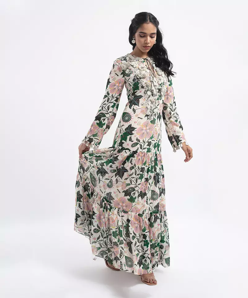Payal Singhal Embroidered Printed Art Georgette Tiered Dress for Women