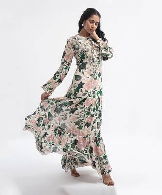 PS Pret by Payal Singhal White Colour Embroidered Printed Art Georgette Tiered Dress 2