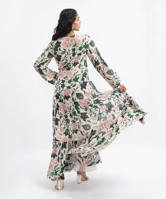 PS Pret by Payal Singhal White Colour Embroidered Printed Art Georgette Tiered Dress 3