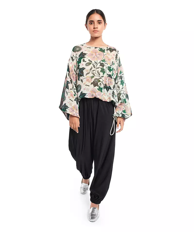 Printed Art Georgette Top with Drawstring Details for Women