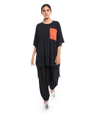 PS Pret by Payal Singhal Black Colour Jersey High Low Tunic with Burnt Orange Colour Jersey Pocket Detailing 1