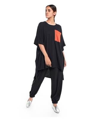 PS Pret by Payal Singhal Black Colour Jersey High Low Tunic with Burnt Orange Colour Jersey Pocket Detailing 2
