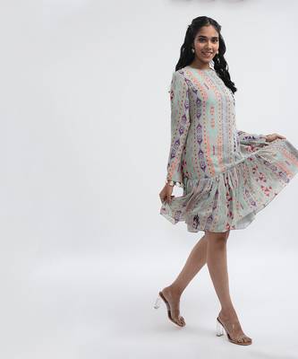 PS Pret by Payal Singhal Grey Colour Printed Art Georgette Frill Hem Tunic 2