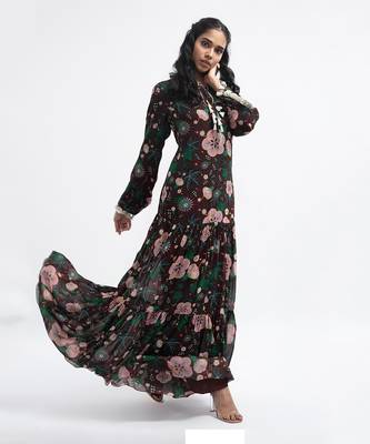 PS Pret by Payal Singhal Brown Colour Printed Art Georgette Tiered Dress 1