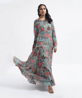 PS Pret by Payal Singhal Blue Colour Printed Art Georgette Tiered Dress 1