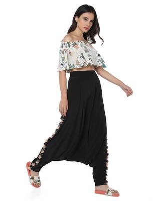 White Colour Printed Art Crepe Off Shoulder Ruffle Top with Black Colour Art Crepe Low Crotch Pant for Women 1