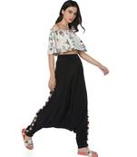 White Colour Printed Art Crepe Off Shoulder Ruffle Top with Black Colour Art Crepe Low Crotch Pant for Women