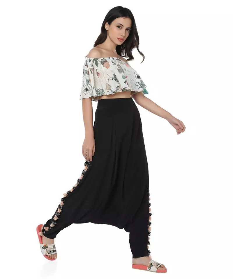 White Colour Printed Art Crepe Off Shoulder Ruffle Top with Black Colour Art Crepe Low Crotch Pant for Women