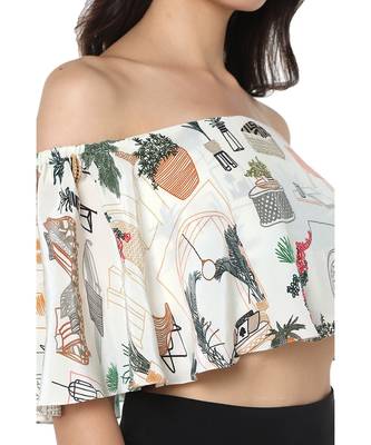 White Colour Printed Art Crepe Off Shoulder Ruffle Top with Black Colour Art Crepe Low Crotch Pant for Women 2