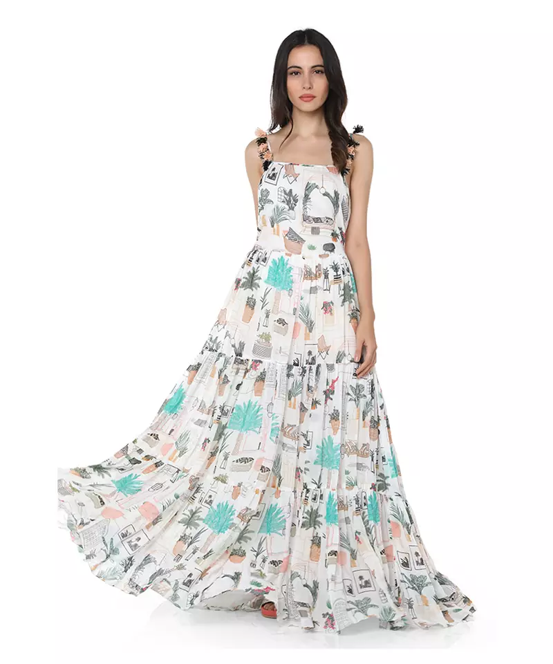 White Colour Printed Art Georgette Long Tiered Dress for Women