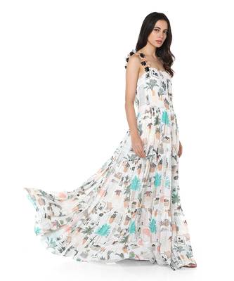 PS Pret by Payal Singhal White Colour Printed Art Georgette Long Tiered Dress 2