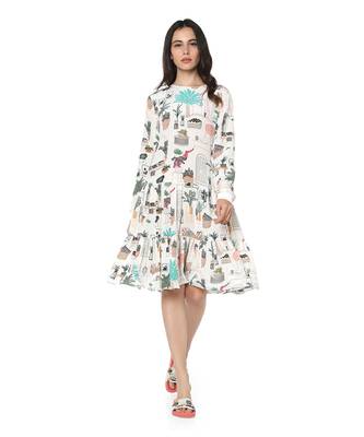 White Colour Printed Crepe Frill Hem Tunic for Women 1