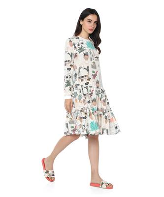 White Colour Printed Crepe Frill Hem Tunic for Women 2