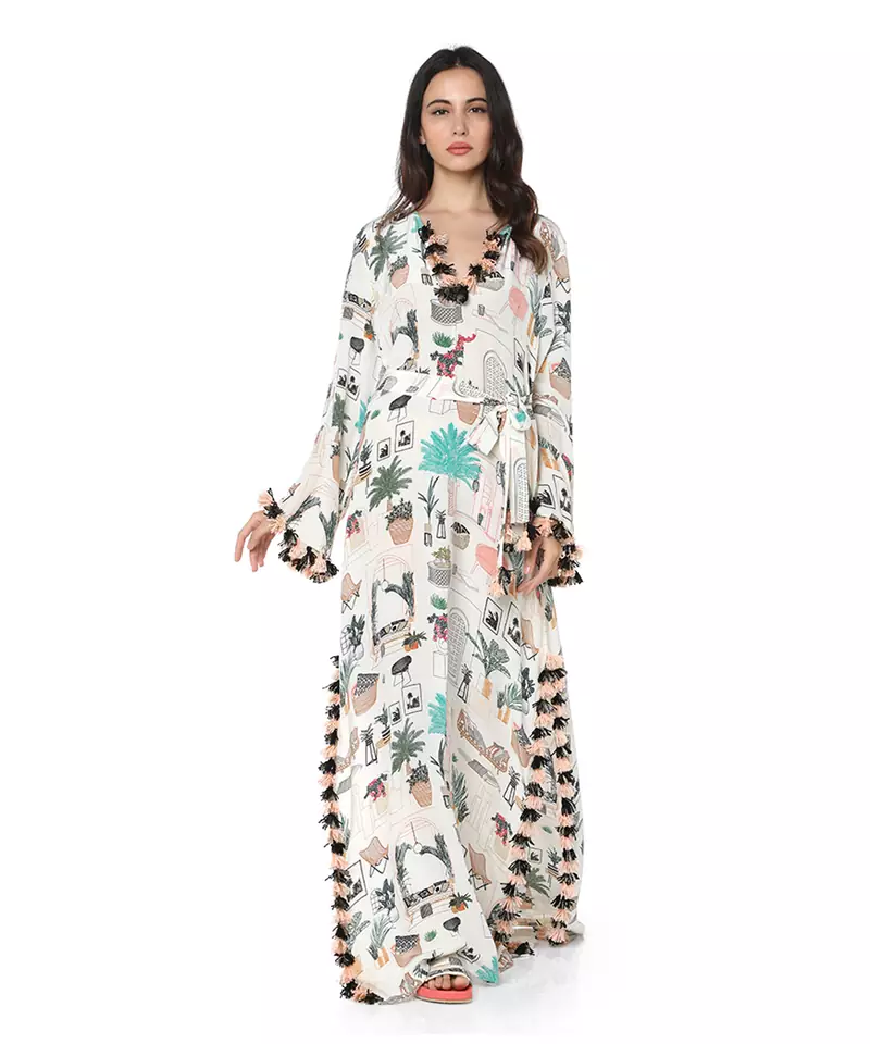 White Colour Printed Art Crepe Kaftaan for Women