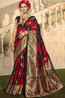Black woven banarasi silk saree with blouse