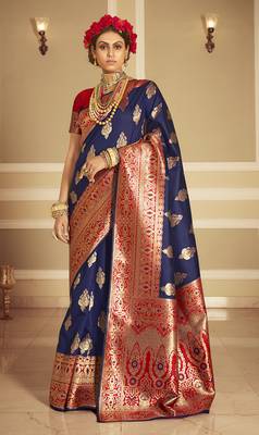 navy blue woven banarasi silk saree with blouse 1