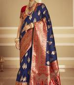 navy blue woven banarasi silk saree with blouse