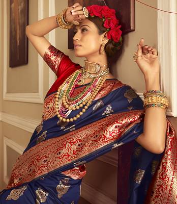 navy blue woven banarasi silk saree with blouse 2