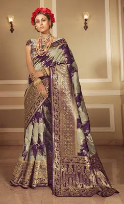 Light grey woven banarasi silk saree with blouse 1