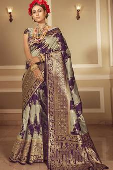 light grey woven banarasi silk saree with blouse