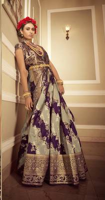 Light grey woven banarasi silk saree with blouse 2