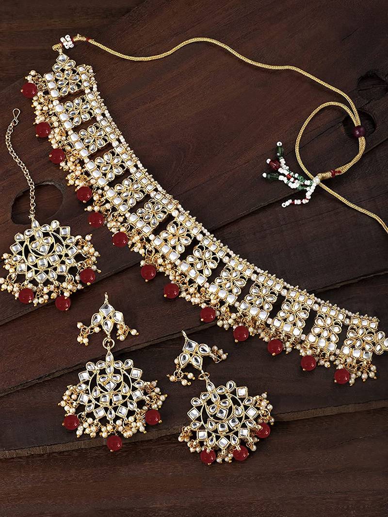 Traditional Kundan Choker Necklace Set with Earrings & Maang Tikka For Women 