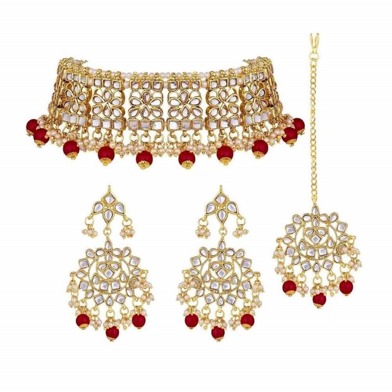 Traditional Kundan Choker Necklace Set with Earrings & Maang Tikka For Women 