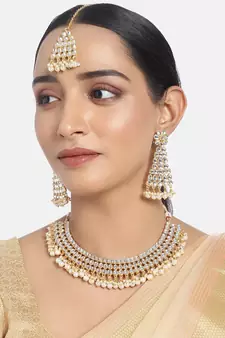 Pearl Necklace Set With Maang Tika & Earrings for Women 